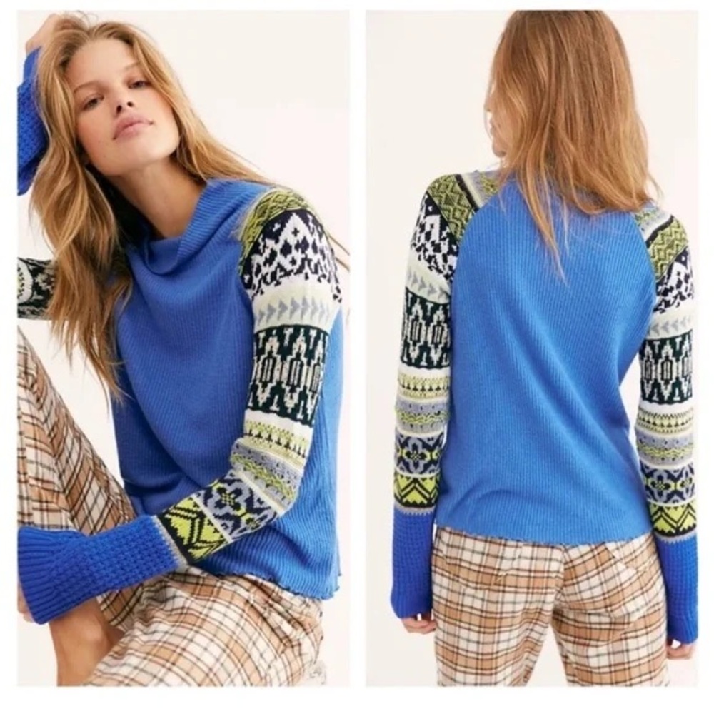 Free People Prism Ribbed Thermal Geometric Sleeve Knit Blue Top Boho